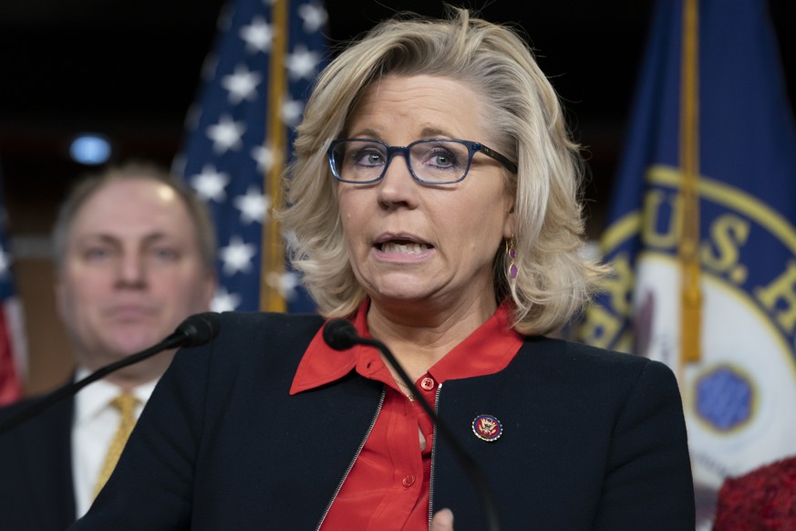 FILE - In this Feb. 13, 2019 file photo, House Republican Conference chair Rep. Liz Cheney, R-Wyo., with House Minority Whip Steve Scalise, R-La., at right, talks to reporters during a news conference ...