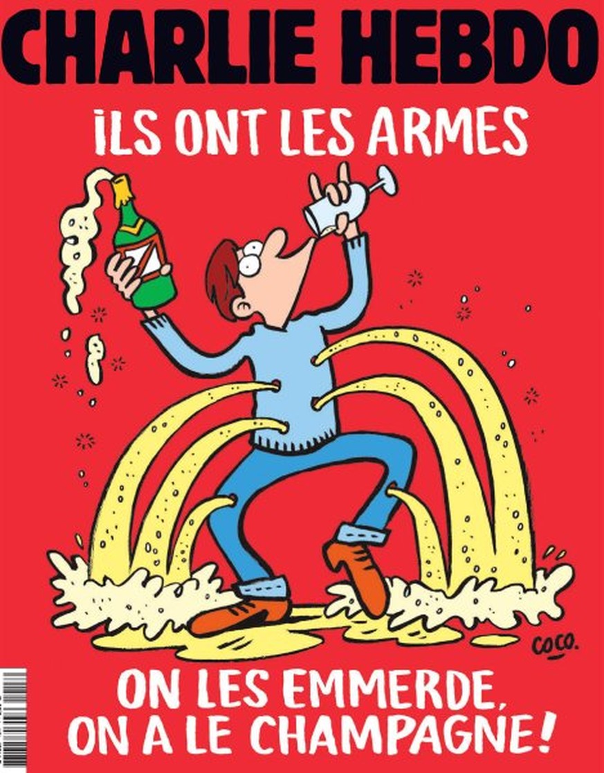 This handout image obtained from French Satirical magazine Charlie Hebdo on November 17, 2015 shows the cover of the latest edition of the magazine which features its satirical take on the November 13 ...