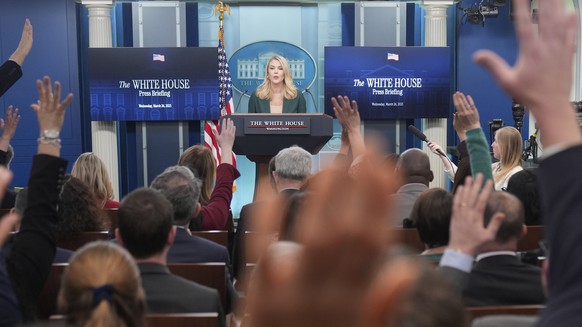 White House press secretary Karoline Leavitt speaks during a briefing at the White House, Wednesday, March 26, 2025, in Washington. (AP Photo/Mark Schiefelbein)
Karoline Leavitt
