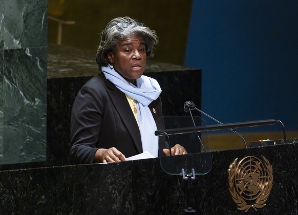 epaselect epa09796711 United States Ambassador to the UN Linda Thomas-Greenfield addresses the 11th emergency special session of the United Nations General Assembly which was called to consider a resolution condemning Russia?s invasion of Ukraine at United Nations headquarters in New York, New York, USA, 02 March 2022. The U.N. Security Council voted on a similar resolution on Friday but the measure was vetoed by Russia which wields that power as one of five permanent members of the council.  EPA/JUSTIN LANE