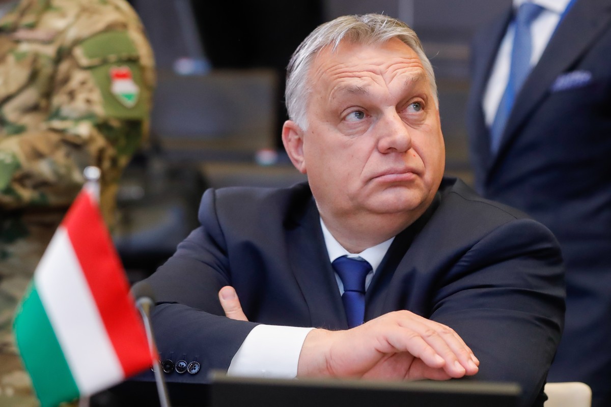 epa09784324 Hungary's Prime Minister Viktor Orban at the start of an Extraordinary virtual summit of NATO Heads of State and Government on the security situation in and around Ukraine at the NATO ...