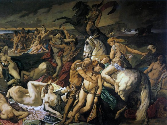 Die Amazonenschlacht, ein Gemälde des deutschen Malers Anselm Feuerbach, Sage der Amazonen im Trojanischen Krieg / The Battle of the Amazons, a painting by the German painter Anselm Feuerbach, Saga of ...