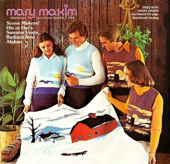 Die 1970er – als Häkeln und Stricken sexy waren. 
https://flashbak.com/yarnvertising-diy-fashion-adverts-of-the-1970s-25787/