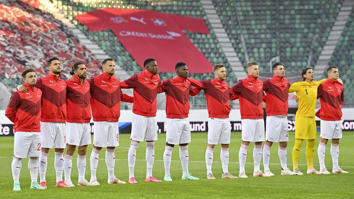 From left to right, Switzerland players Xherdan Shaqiri, Loris Benito, Ricardo Rodriguez, Haris Seferovic, Denis Zakaria, Breel Embolo, Silvan Widmer, Nico Elvedi, Fabian Schaer, Yann Sommer and Grani ...
