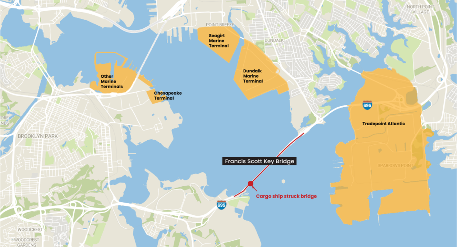 The Port of Baltimore with the collapsed Francis Scott Key Bridge