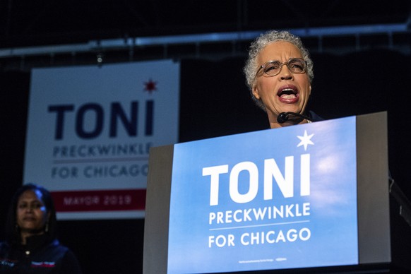 Toni Preckwinkle gives her concession speech at her election night party after losing to Lori Lightfoot in the Chicago mayor election, Tuesday, April 2, 2019. (Tyler LaRiviere/Chicago Sun-Times via AP ...