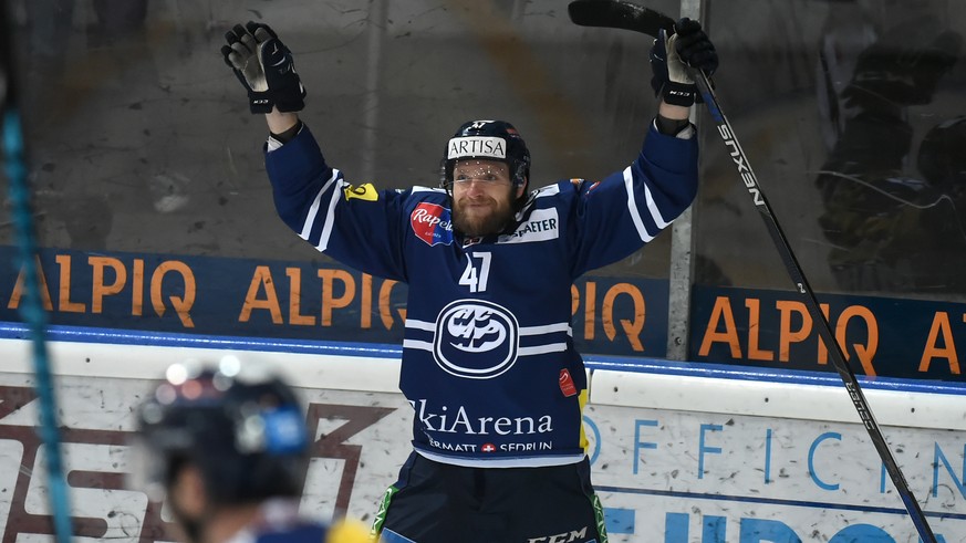 Ambri's player Mikko Maeenpaeae celebrate 5-1, during the fourth Playout final game of National League A (NLA) Swiss Championship 2016/17 between HC Ambri Piotta and Fribourg Gotteron, at the ice stad ...