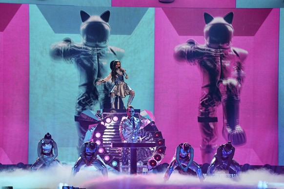EMMY from Ireland performs the song &quot;Laika Party&quot; during the dress rehearsal for the second semi-final of the 69th Eurovision Song Contest, in Basel, Switzerland, Wednesday, May 14, 2025. (A ...