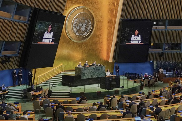 Annalena Baerbock of Germany addresses the United Nations General Assembly after she was elected as president of the 80th session of the body, Monday, June 2, 2025. (AP Photo/Richard Drew)
UN General  ...