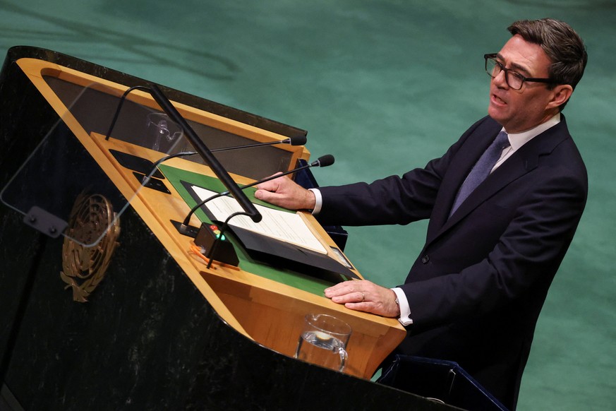 British Prime Minister Andy Burnham delivers a speech during the United Nations General Assembly at U.N. headquarters on Tuesday, Sept. 22, 2026. (Toby Melville/Pool Photo via AP)
UN General Assembly