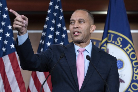 Incoming House Minority Leader Hakeem Jeffries, D-N.Y., speaks during a news conference as the House of Representatives struggles to elect a speaker and convene the 118th Congress with a new Republica ...
