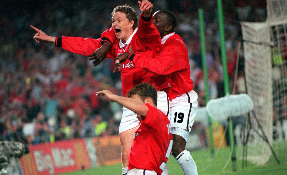 26th MAY 1999, UEFA Champions League Final, Barcelona, Spain, Manchester United 2 v Bayern Munich 1, Manchester United's Ole Gunnar Solkskjaer ecstatic after scoring the winning goal deep into in ...