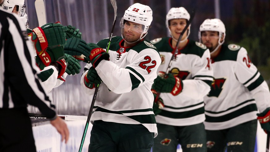 Kevin Fiala (22) celebrates his goal with teammates on the bench during the second period of an NHL hockey game against Anaheim Ducks Saturday, Feb. 20, 2021, in Anaheim, Calif. (AP Photo/Ringo H.W. C ...