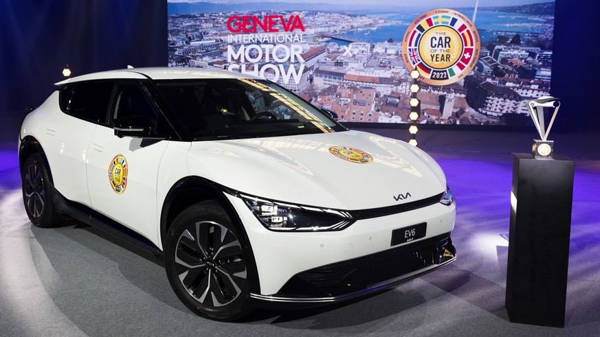 A Kia EV6 model which was elected &quot;Car of the Year 2022&quot;, is displayed during the virtual award ceremony &quot;Car of the Year 2022&quot;, at Palexpo in Geneva, Switzerland, Monday, February ...