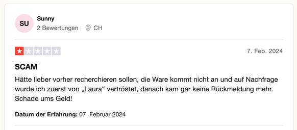 Negative Bewertung von vibely.ch. Screenshot: ch.trustpilot.com