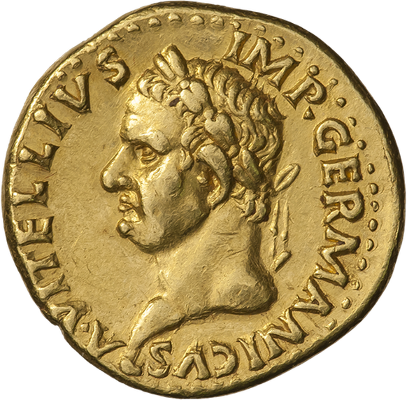 Aureus (Goldmünze) von Kaiser Aulus Vitellius. Kaiser des römischen Reiches im ersten Jahrhundert nach Christus (69 AD).