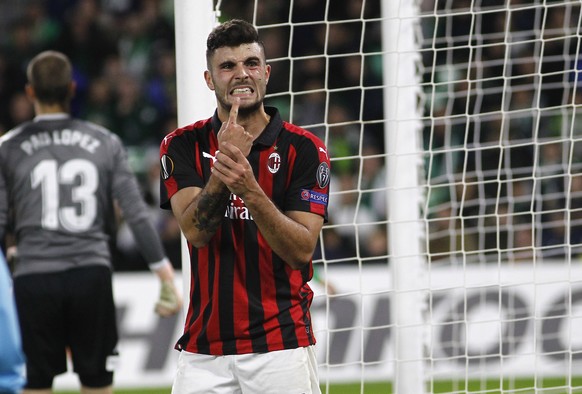 AC Milan's Patrick Cutrone reacts during the Europa League, Group F soccer match between AC Milan and Betis, at the Benito Villamarin Stadium in Seville, Spain, Thursday, Nov. 8, 2018. (AP Photo/Manue ...
