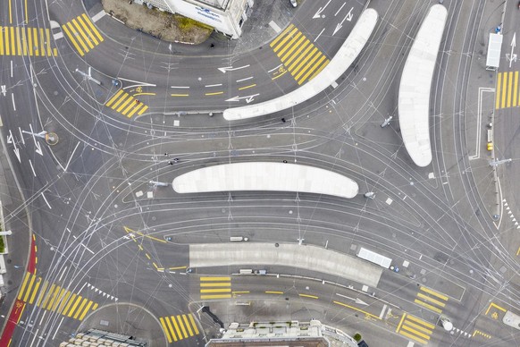 n image taken with a drone shows an empty aerial view of the tram and bus station "Central" in Zurich, Switzerland, on Sunday 29 March 2020. Switzerland has so far registered over 14267 conf ...
