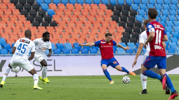 Basel&#039;s Fabian Frei scores during the Super League match between FC Basel 1893 and FC Zuerich at the St. Jakob-Park stadium in Basel, Switzerland, on Tuesday, July 14, 2020. After most players of ...