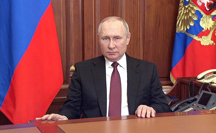 FILE - In this image made from video released by the Russian Presidential Press Service, Russian President Vladimir Putin addressees the nation in Moscow, Russia, on Feb. 24, 2022. (Russian Presidenti ...