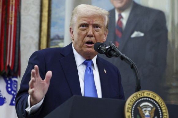 President Donald Trump speaks during a swearing in ceremony for Alina Habba as interim US Attorney General for New Jersey, in the Oval Office of the White House in Washington, Friday, March 28, 2025.  ...