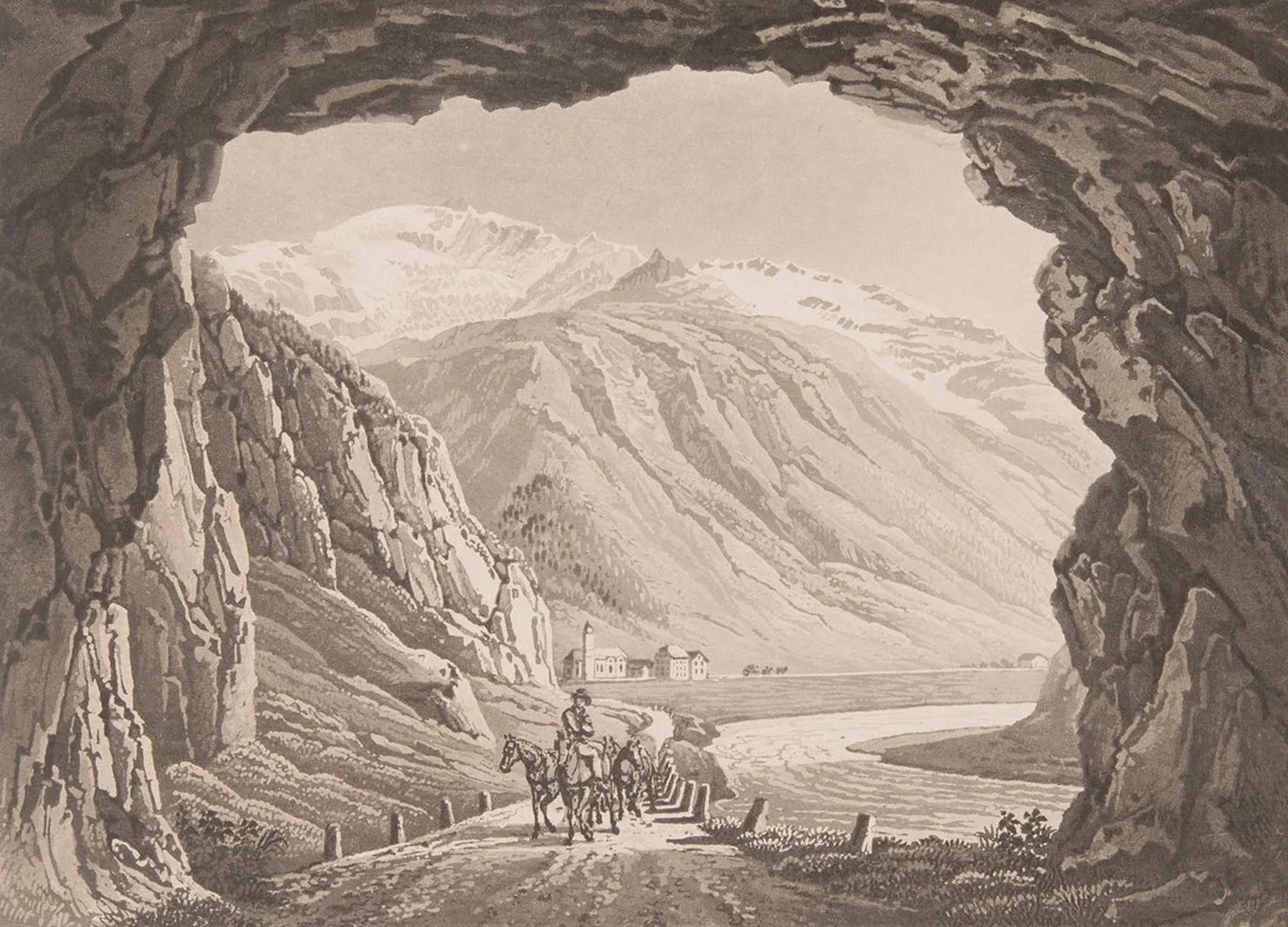 Blick aus dem Urnerloch heraus gegen Andermatt. Druckgrafik, hergestellt um 1830.
https://permalink.nationalmuseum.ch/100106177