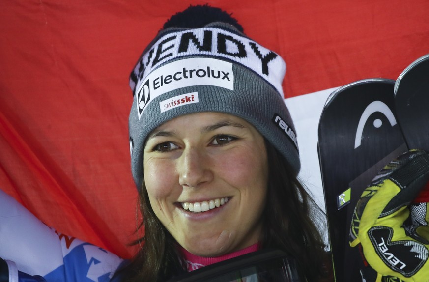 Switzerland&#039;s Wendy Holdener smiles after winning the women&#039;s combined, at the alpine ski World Championships in Are, Sweden, Friday, Feb. 8, 2019. (AP Photo/Marco Trovati)
