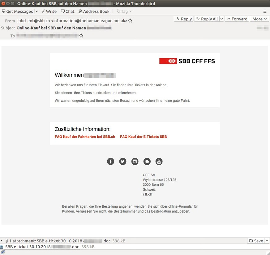 Die E-Mail gibt vor, dass die angeblich bestellten Tickets im Mail-Anhang seien.&nbsp;
