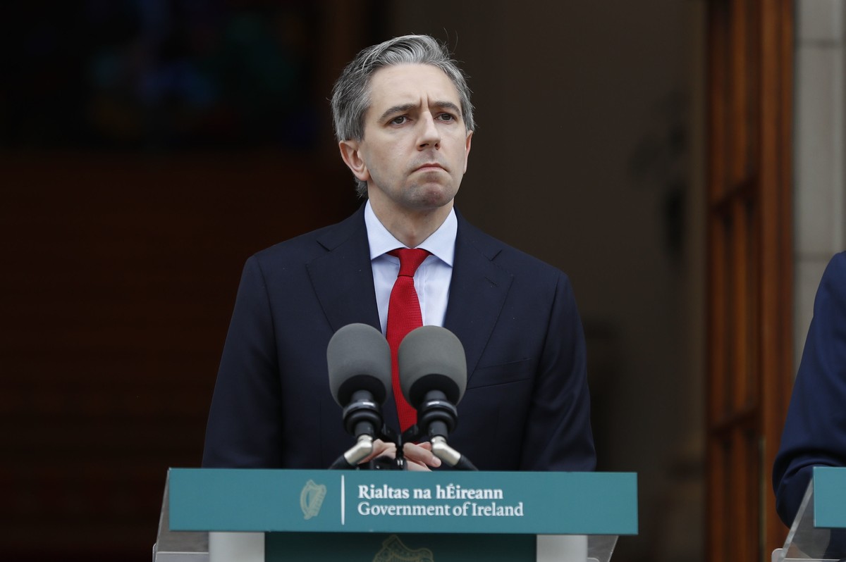 Ireland's Prime Minister Simon Harris speaks to the media during a press conference outside the Government Buildings, in Dublin, Ireland, Wednesday May 22, 2024. Ireland and Spain have recognized ...