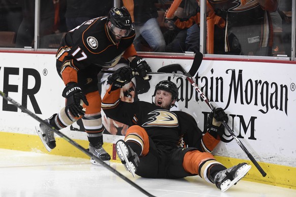 May 25, 2015; Anaheim, CA, USA; Anaheim Ducks left wing Matt Beleskey (39) is congratulated by center Ryan Kesler (17) for scoring the game-winning goal against the Chicago Blackhawks during the overt ...