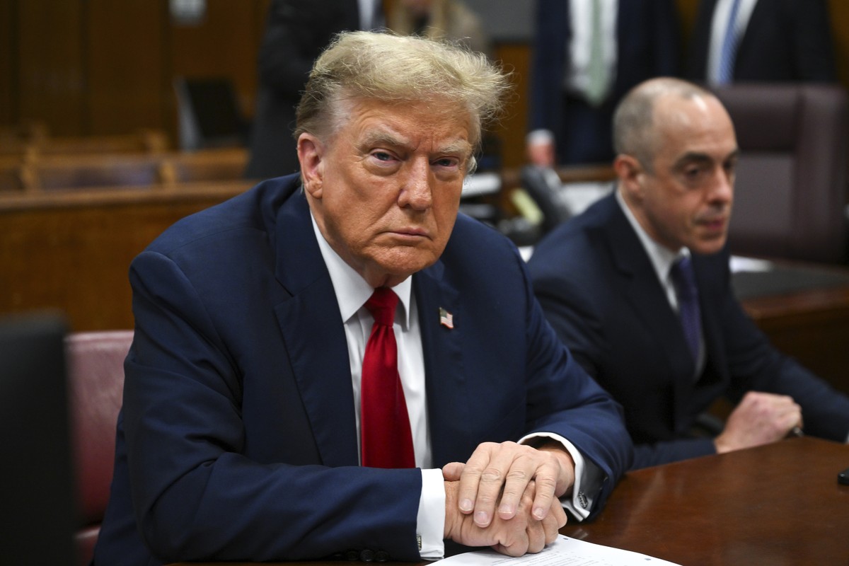 Former President Donald Trump attends the first day of his criminal trial, at Manhattan Criminal Court in New York City on April 15, 2024. (Angela Weiss/AFP via AP Pool)