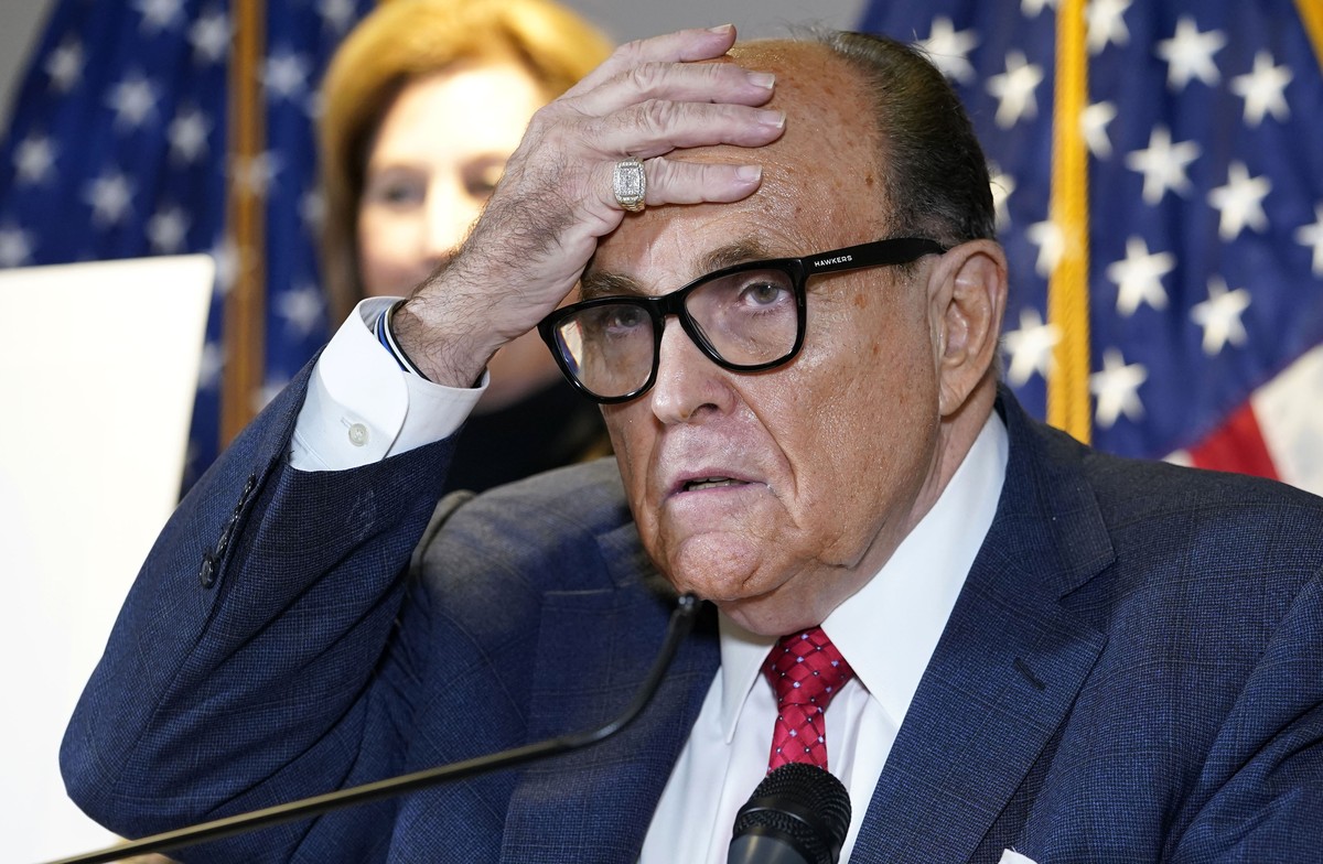 FILE - In this Nov. 19, 2020, file photo, former New York Mayor Rudy Giuliani, who was a lawyer for President Donald Trump, speaks during a news conference at the Republican National Committee headqua ...