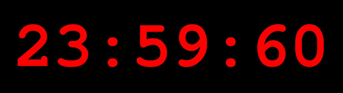 Schaltsekunde, wie sie auf einer Digital-Uhr angezeigt werden würde, die auf die Zeitzone UTC eingestellt ist.
https://de.wikipedia.org/wiki/Schaltsekunde#/media/Datei:Leap_second.svg