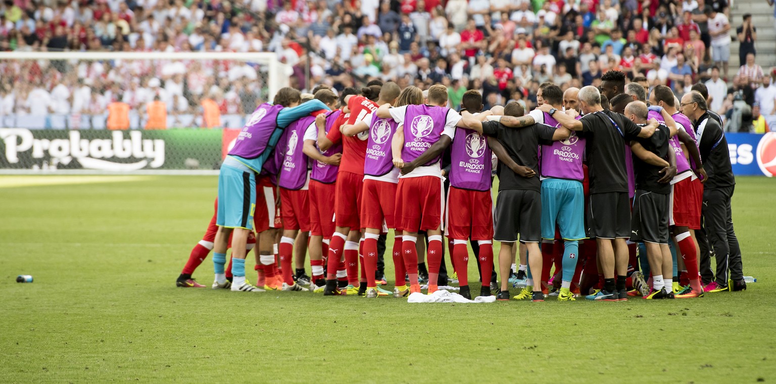 Swiss soccer players reacts during the UEFA EURO 2016 round of 16 soccer match between Switzerland and Poland, at the Geoffroy Guichard stadium in Saint-Etienne, France, Saturday, June 25, 2016. (KEYS ...