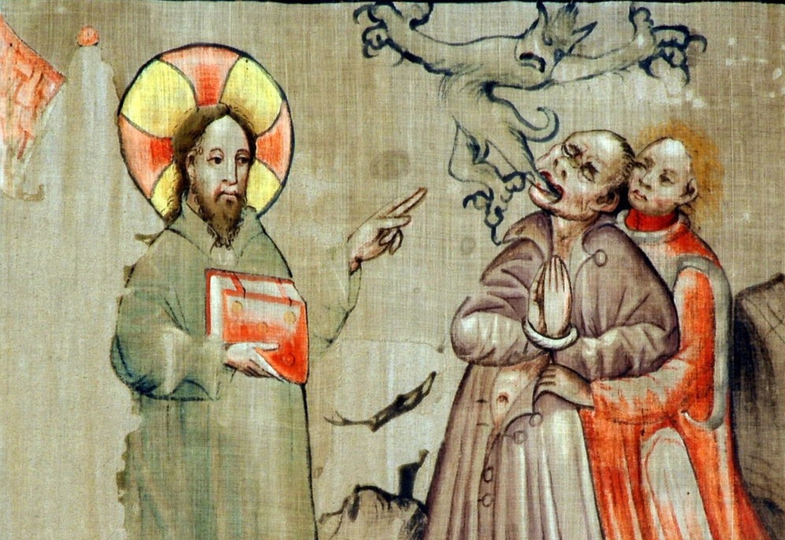 Dämonenaustreibung durch Jesus Christus, Fastentuch im Gurker Dom aus dem Jahr 1458, geschaffen von Meister Konrad von Friesach.