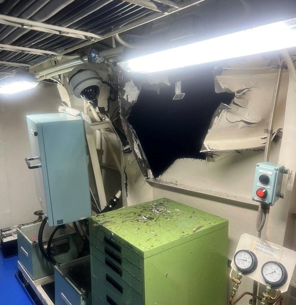 epa11554761 A handout photo made available by the Philippine Coast Guard shows the damaged ship BRP Bagacay following a collision with a Chinese coast guard vessel near Sabina Shoal in disputed waters ...