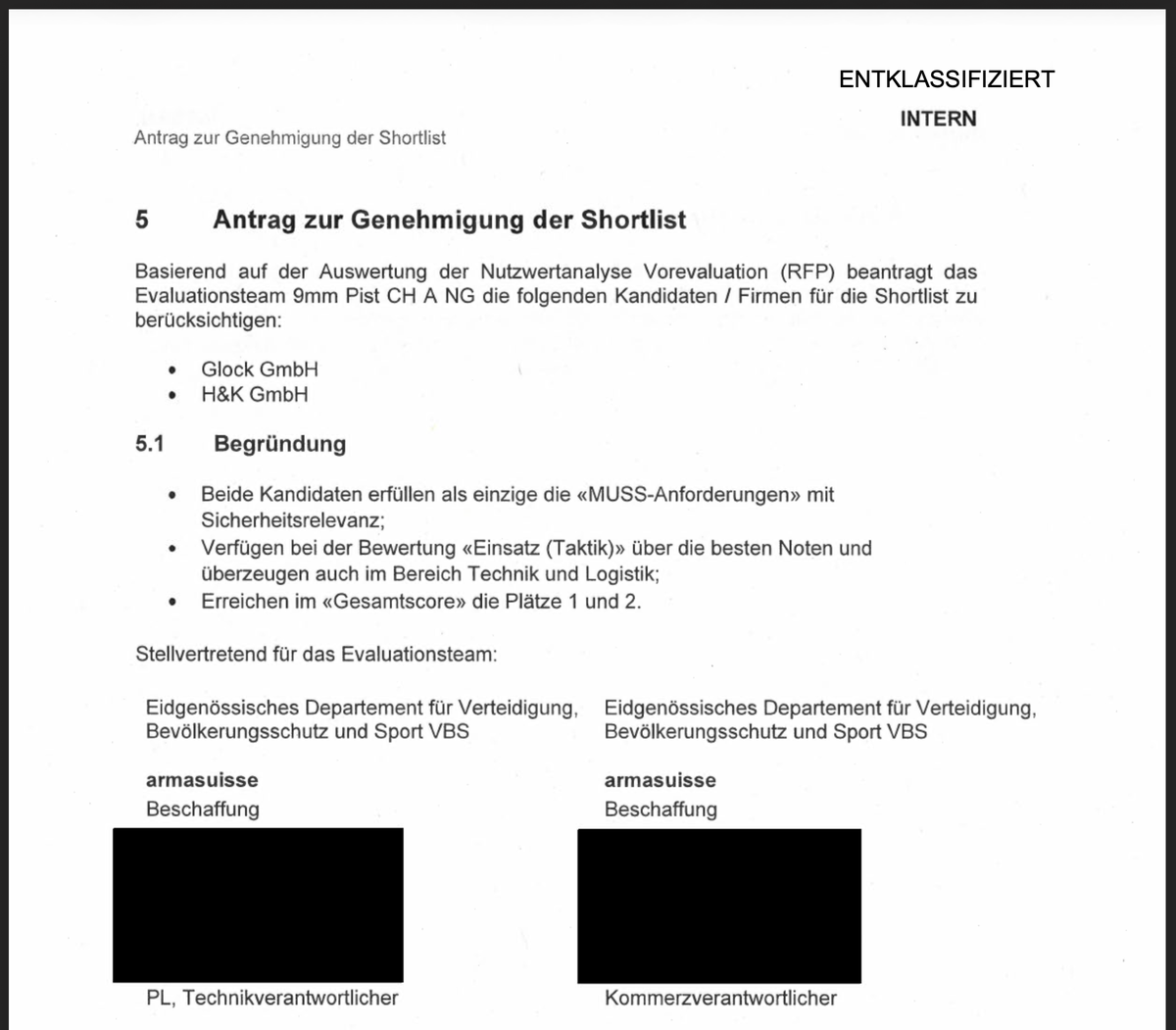 Armasuisse-Bericht Vorevaluationsverfahren neue Schweizer Armeepistole (2024), Glock, HK, SIG Sauer.