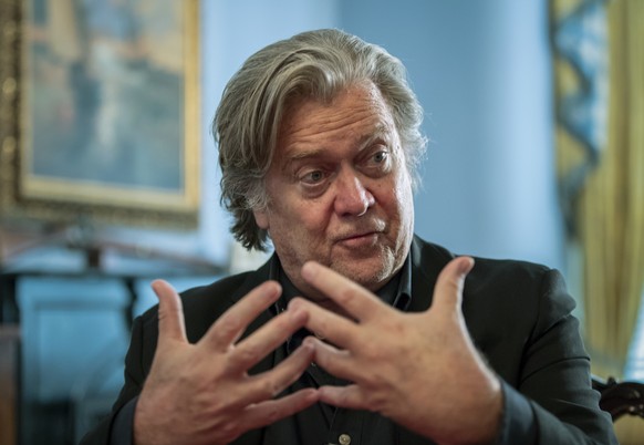 Steve Bannon, President Donald Trump&#039;s former chief strategist, talks about the approaching midterm election during an interview with The Associated Press, Sunday, Aug. 19, 2018, in Washington. B ...