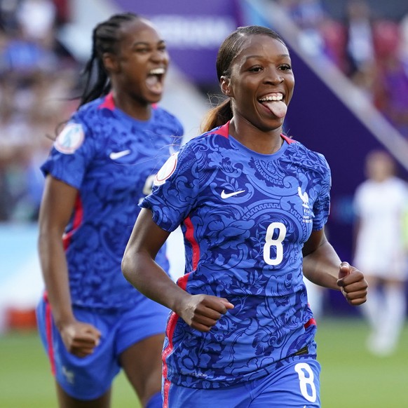France&#039;s Grace Geyoro celebrates after scoring the opening goal during the Women Euro 2022 group D soccer match between France and Italy at New York Stadium in Rotherham, England, Sunday, July 10 ...