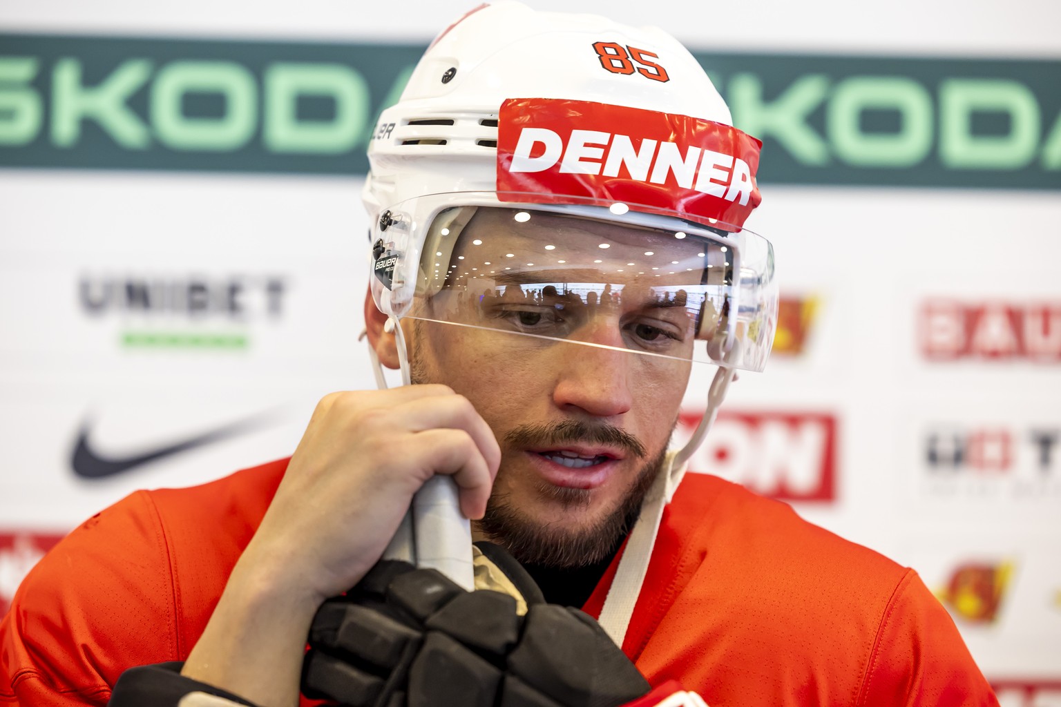 Switzerland's forward Sven Andrighetto speaks with to media in the mixed zone, after a Switzerland training session one day before the IIHF 2025 World Championship quarter final game against Aust ...