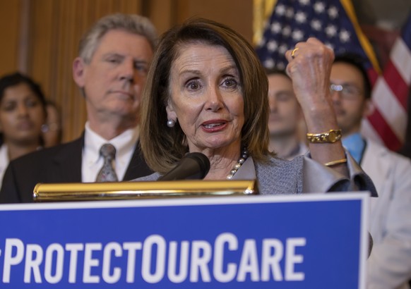 epa07465483 Democratic Speaker of the House Nancy Pelosi gestures during a press conference about strengthening the Affordable Care Act (ACA) at the US Capitol in Washington, DC, USA, 26 March 2019. P ...