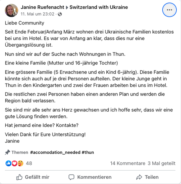 Auch über Facebook sucht Vizehoteldirektorin Janine Rüfenacht nach einer Zweitunterkunft für die Geflüchteten. 