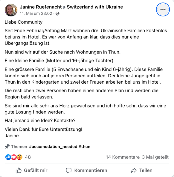 Auch über Facebook sucht Vizehoteldirektorin Janine Rüfenacht nach einer Zweitunterkunft für die Geflüchteten.