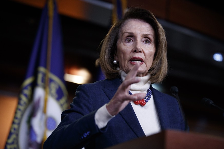 epa07293959 Speaker of the House Nancy Pelosi responds to a question from the news media during her weekly press conference in the US Capitol in Washington, DC, USA, 17 January 2019. Speaker Pelosi re ...
