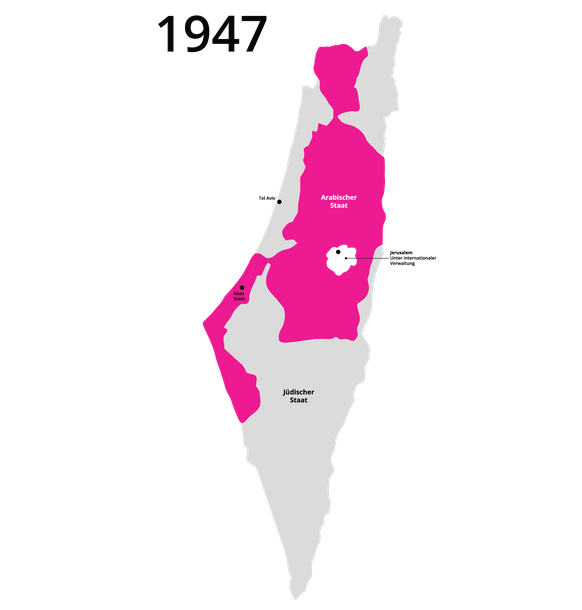 Die Situation nach dem vorgeschlagenen Teilungsplan der UNO: Arabische Gebiete (pink), jüdische Gebiete (grau) und Jerusalem (weiss).