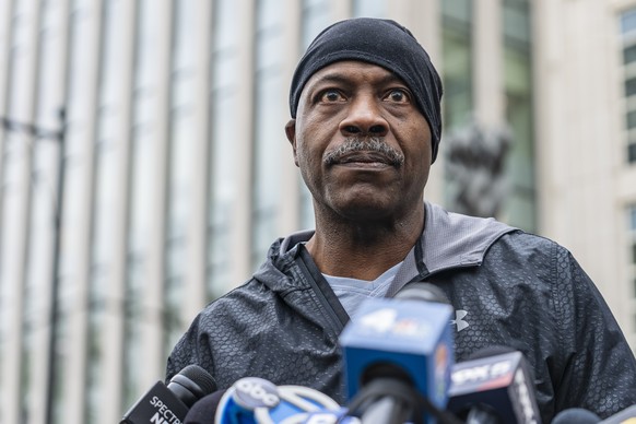Carlis Thompson, cousin of slain Run-DMC star Jam Master Jay, speaks to media outside the United States Eastern District Courthouse, Tuesday, Feb. 27, 2024, in Brooklyn, New York. (AP Photo/Peter K. A ...