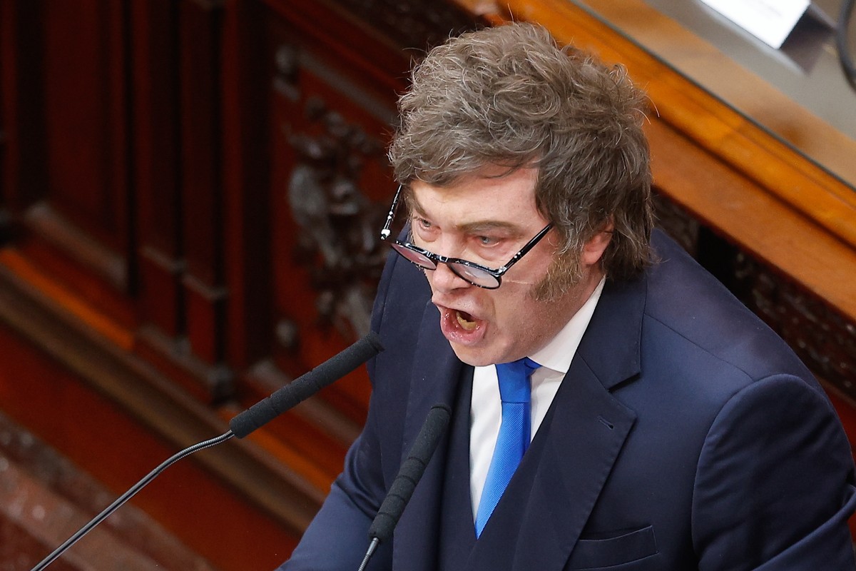 epa12788612 Argentinian President Javier Milei speaks during the opening of the 144th Ordinary Session of the National Congress in Buenos Aires, Argentina, 01 March 2026. Milei addressed the nation on ...