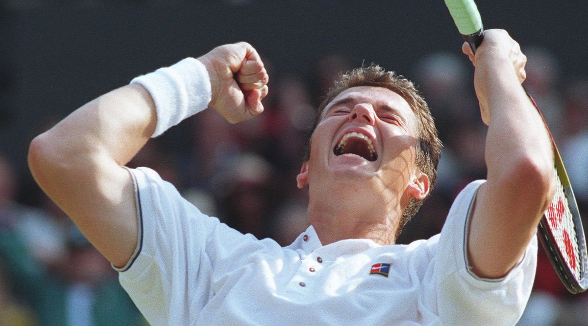 Richard Krajicek of the Netherlands jubilates, after winning the Men's Singles Final on the Centre Court at Wimbledon, Sunday July 7, 1996. Krajicek defeated MaliVai Washington 6-3, 6-4, 6-3 to t ...