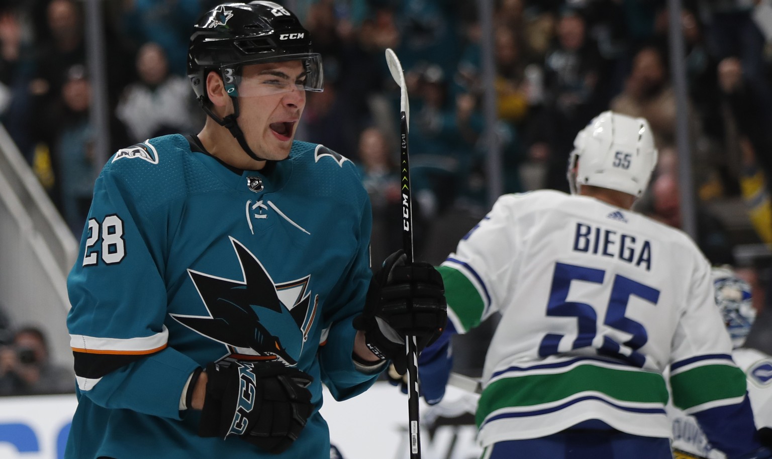 San Jose Sharks&#039; Timo Meier (28) celebrates after scoring against the Vancouver Canucks during the first period of an NHL hockey game Saturday, Feb. 16, 2019, in San Jose, Calif. (AP Photo/Josie  ...