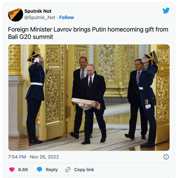 «Aussenminister Lawrow bringt Putin ein Willkommensgeschenk vom G20-Gipfel in Bali mit.»